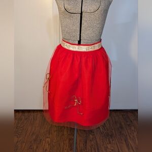 Vintage Red Half Hostess With Sheer Overlay And Gold Sequin Bows